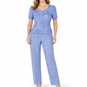 Sag Harbor Pant Suit 8 Blue Floral Short Sleeve Jacket Solid Pleated Pants